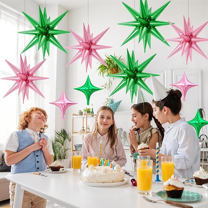 18 Pcs Pink Green Star Balloons, Green and Pink Balloon with 6 Pcs 22-Inch Explosion Star Balloons 12Pcs 10-Inch Four Pointed Stars Foil Balloon for Wedding Forest Spring Birthday Party Decor