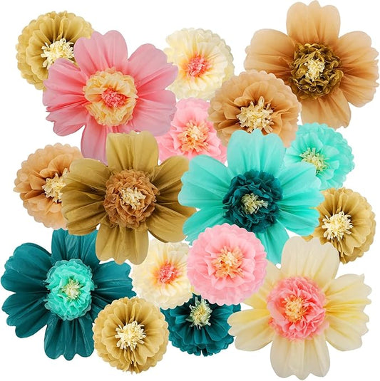 Crowye 12 Pcs Large Colorful Tissue Paper Flowers Decorations 20" Giant Fiesta Crepe Paper Flowers for Wall Decor Backdrop Mexican Wedding Birthday Baby Shower Carnival Party Craft (Stylish Color)