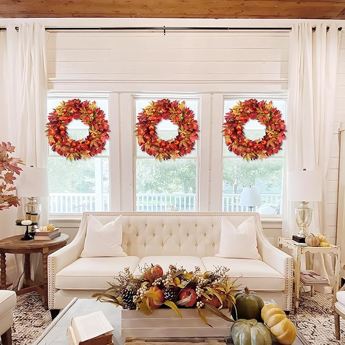 Briful 24 Inch Fall Wreaths for Front Door Artificial Autumn Maple Leaf Wreath with Red Berries & Pomegranate Outdoor Fake Hanging Wreath for Harvest Thanksgiving Home Mantle Window Porch Decor