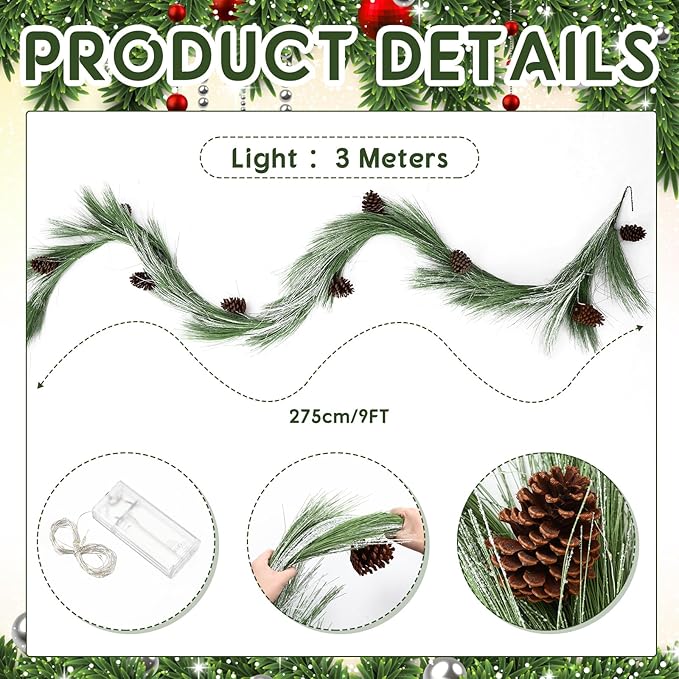 Jutom 9 ft Pre-lit Christmas Snowy Norfolk Pine Garlands White Frosted Real Touch Cedar Garland Artificial Long Needle Garland with Pine Cone Light for Xmas Mantle Table Stair Indoor Outdoor Decor