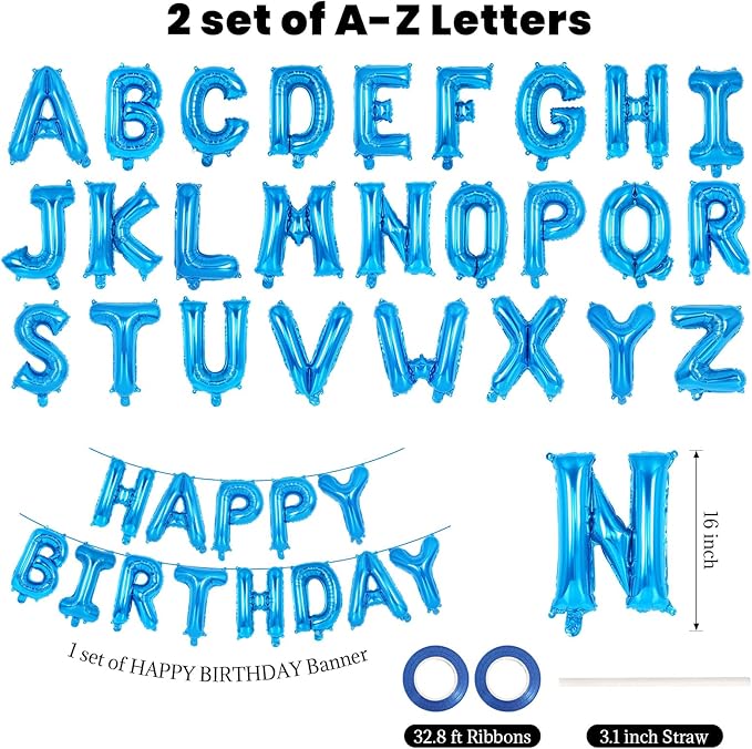 65 Pcs Blue Happy Birthday Balloons and 2 Sets A-Z Letters Foil Balloons, 16 Inch Personalized Name Happy Birthday Banners for Wedding Baby Shower Anniversary Party Decorations (Blue)