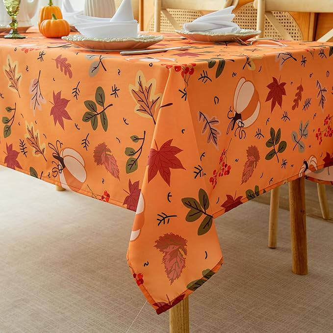 Thanksgiving Waterproof Tablecloth – Fall Harvest Pumpkins, Maple Leaves & Berries Print – Autumn Rectangle Table Cover for Dining or Party, Brown, W60 x L120 in