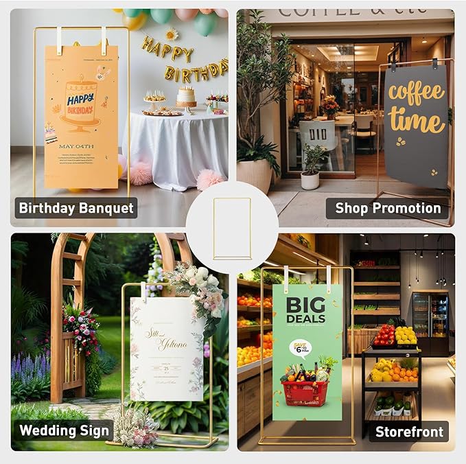Adjustable Wedding Sign Stand, Wedding Welcome Sign Holder with Leather Sign Hanging Straps, Easel Stand for Sign Display Reception, Party Decor, Portable Sign Holder for Wedding & Baby Showers (Gold)