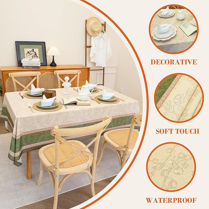 Green Floral Toile Tablecloth Waterproof- Rectangular Vintage Table Cover for Kitchen Parties Coffee Tables, Boho Table Cloth Perfect for Spring Home Decor, W60 x L84