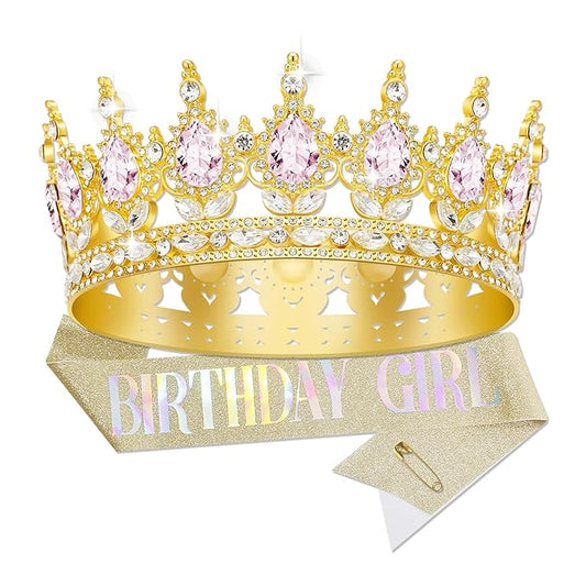 Queen Crown Birthday Crowns for Women, Birthday Girl Sash, Birthday Tiara for Women Set, Princess Rhinestone Birthday Girl Headband Birthday Gifts for Women, Sweet Happy Accessories