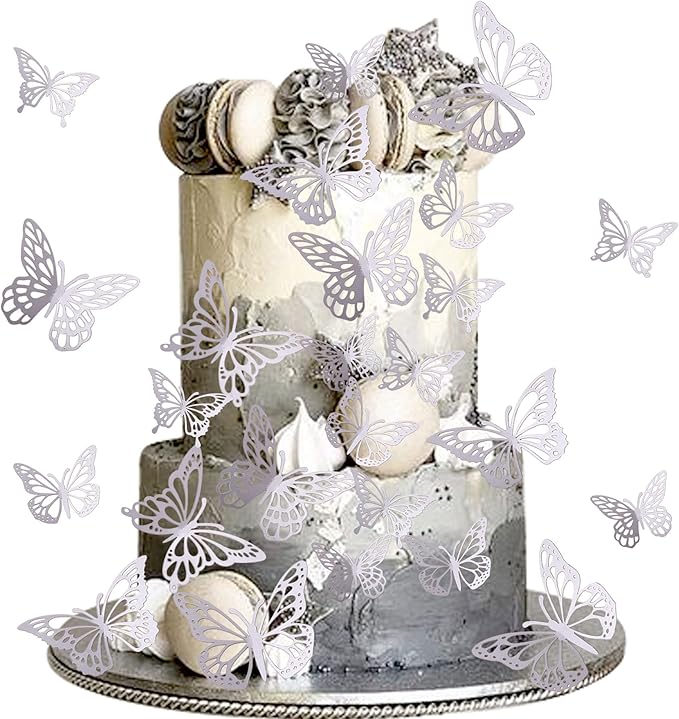 40 PCS Laser 3D Butterfly Cupcake Toppers - Hollow Arts Cake Decorations for Baby Shower, Wedding, Fairy Birthday Party Supplies - Wall Sticker Decoration Mixed Styles Silver
