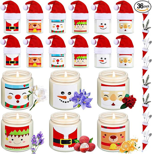 36 Pack Christmas Scented Candles Jar Set Include 18 Pcs 7oz Aromatherapy Soy Wax Candles and 18 Pcs Mini Xmas Santa Hat Holiday Table Centerpieces Gifts for Women Men Relaxing Spa