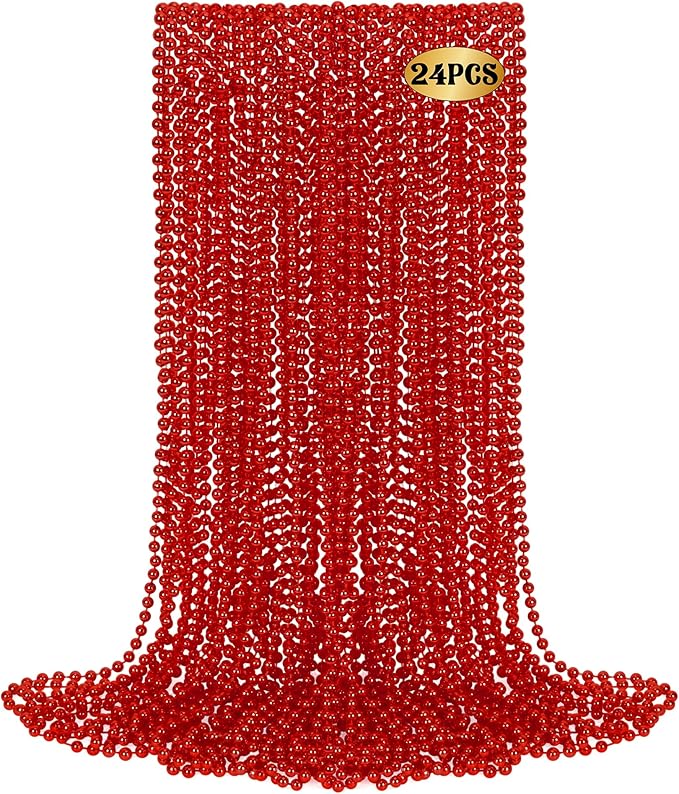 24 PCS Red Christmas Bead Necklaces, Mardi Gras Beads Bulk, 33" Metallic Color Beaded Costume Necklaces for Carnival, Beaded Accessory for Parade Throws Wedding Carnival Festive Event Accessories