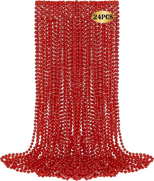 24 PCS Red Christmas Bead Necklaces, Mardi Gras Beads Bulk, 33" Metallic Color Beaded Costume Necklaces for Carnival, Beaded Accessory for Parade Throws Wedding Carnival Festive Event Accessories