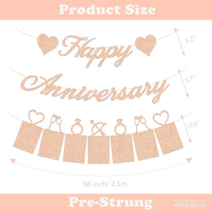 Rose Gold Happy Anniversary Party Decorations - Banner and Photo Banner for Wedding Party Decor