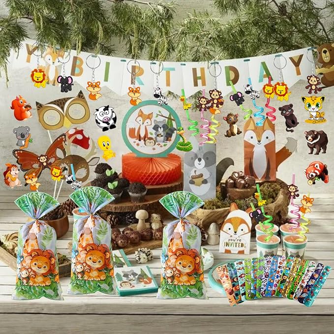 110PCS Safari Party Favors Jungle Party Favors Goodie Bags Stuffers for Camping Party Include Slap Bracelet,DIY Safari Stickers ,Woodland Keychains,Forest Animals Pencil Caps and Party Straws