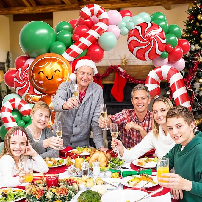Christmas Balloon Arch Kit, Gingerbread Man Balloon Garland with Green Pink Latex Balloons Candy Cane Foil balloons for Christmas Party Decorations New Year Xmas Party Supplies