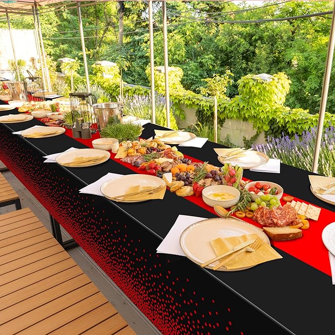 MASHAN 6Pcs Black and Red Tablecloth Party Decorations,Plastic Black Table Cloth Printed Red Table Runner Disposable Rectangle Cover for Birthday Weeding Anniversary Graduation Party,54 x108 Inch