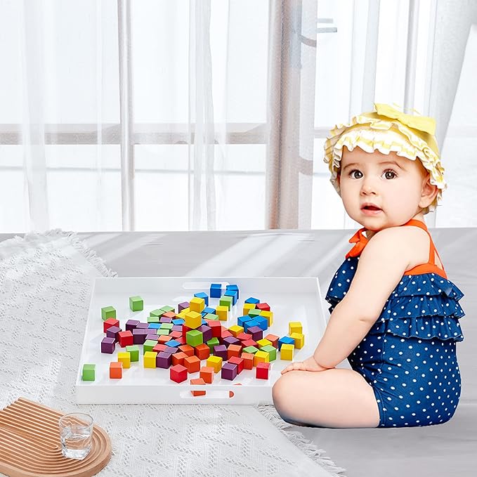 Large White Acrylic Serving Tray with Handles-19x19x2H Inch Big Size Spill Proof Tray for Ottoman,Coffee Table, Breakfast, Tea, Food, Butler -Safe Edge Organizer-Decorative