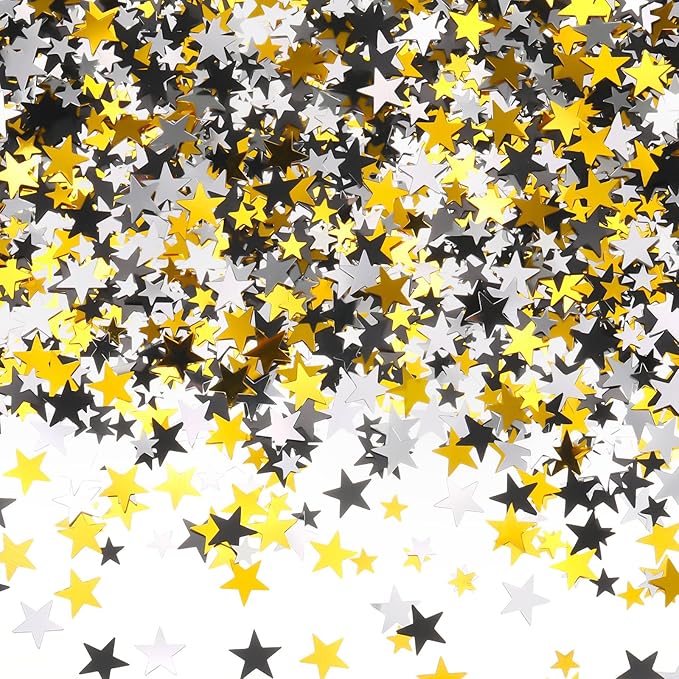 Hestya 60g Star Confetti Glitter Table Confetti Metallic Foil Stars for Christmas Party Wedding Festival Decorations(Silver Gold Black,10mm and 6mm)