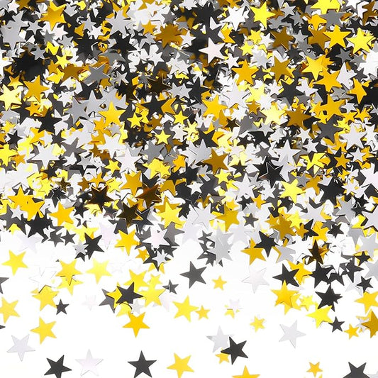 Hestya 60g Star Confetti Glitter Table Confetti Metallic Foil Stars for Christmas Party Wedding Festival Decorations(Silver Gold Black,10mm and 6mm)