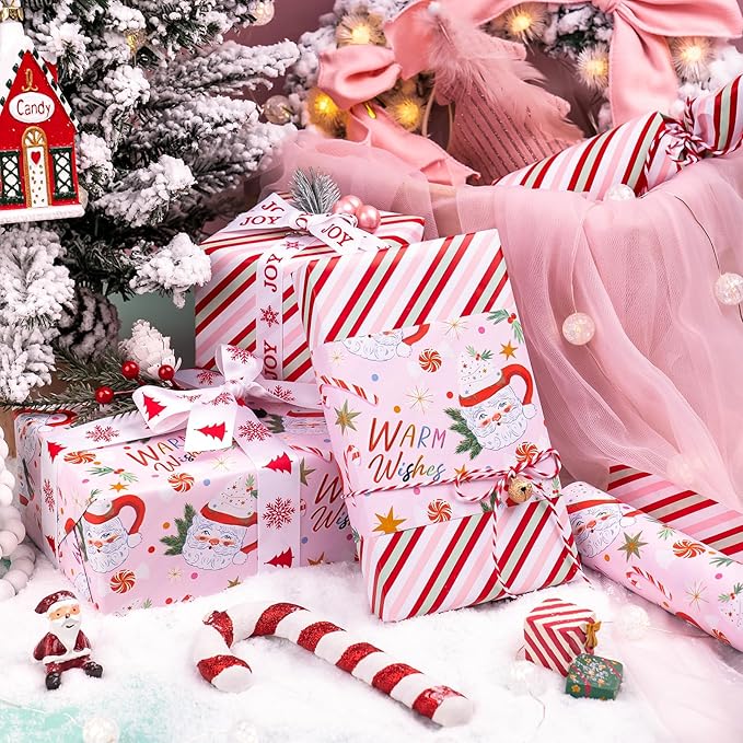 WRAPAHOLIC 30 Inch Jumbo Reversible Christmas Wrapping Paper - 30 Inch x 100 Feet Jumbo Roll Santa Claus Cup and Stripe Wrapping Paper for Chrsitmas, Holiday, Party Celebration