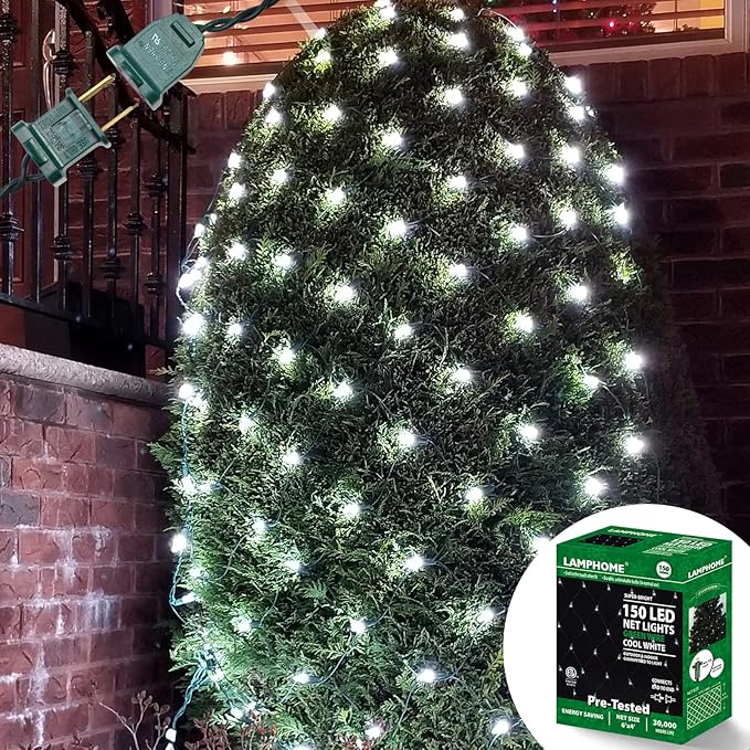 LAMPHOME Led Christmas Net Lights Outdoor Christmas Decorations Lights 150LED 6ftx4ft, Connectable Outdoor Fairy Mesh String Lights for Party, Holiday, Wedding, Tree, Bushes Decorations (White)