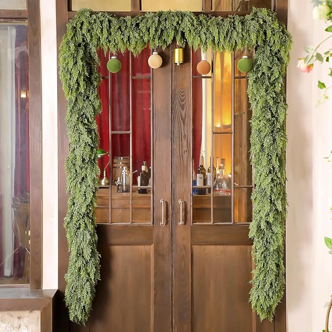 Waydress 2 Pcs 9ft Christmas Cedar Garland Artificial Realistic Soft and Thickness Green Faux Full Cedar Pine Garland for Fireplace Mantel Table Doorframe Indoor Outdoor Xmas Holiday Decoration