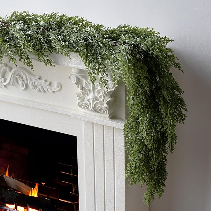9FT Christmas Garland, Artificial Pine Needle Cypress Garlands, Realistic Pine Cypress for Decoration Christmas Table Mantle Wall Room Outdoor Indoor Holiday Winter Decor