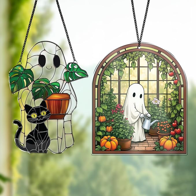 2 Cute Halloween Decorations, Spooky Cute Ghost Plant Suncatcher Window Hangings, Ghost with Black Cat Greenhouse, Pumpkin Ornaments Home Garden, Gifts for Mom, Plant Lovers, Women, Girl