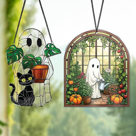 2 Cute Halloween Decorations, Spooky Cute Ghost Plant Suncatcher Window Hangings, Ghost with Black Cat Greenhouse, Pumpkin Ornaments Home Garden, Gifts for Mom, Plant Lovers, Women, Girl