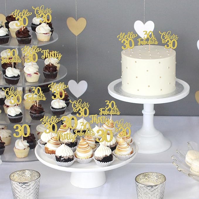 30PCS Happy 30th Birthday Cupcake Toppers Glitter Thirty Cheers to 30 Years Old Birthday Cupcake Picks Hello 30 Fabulous Cake Decorations for Happy 30th Birthday Anniversary Party Supplies Gold