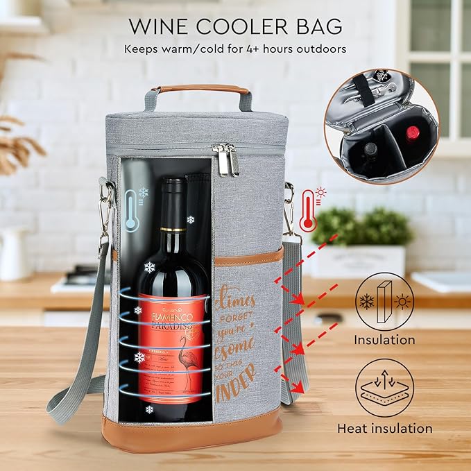 AW BRIDAL Birthday Gifts for Women Men, Drink Happy Thoughts Gift Basket for Housewarming and Beach Camping Travel, Insulated Wine Cooler Bag with Tumbler Mugs and Accessorie Set for Wine Lover Friend