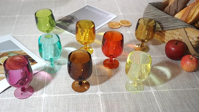 8-Piece Colorful Plastic Stackable Drinking Cup Set - 8.5 oz Wine Goblets, Reusable, BPA-Free, Dishwasher Safe