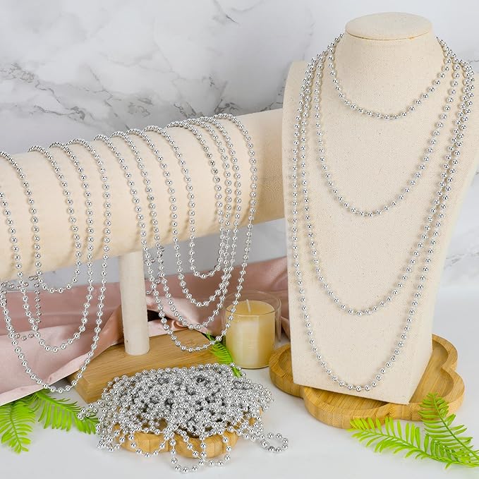 24 PCS Silver Beads Necklaces, Metallic Christmas Beaded Necklaces, 33" Round Xmas Beaded Mardi Gras, Parade Throw Accessories for Festive Event Carnival Party Supplies Masquerade