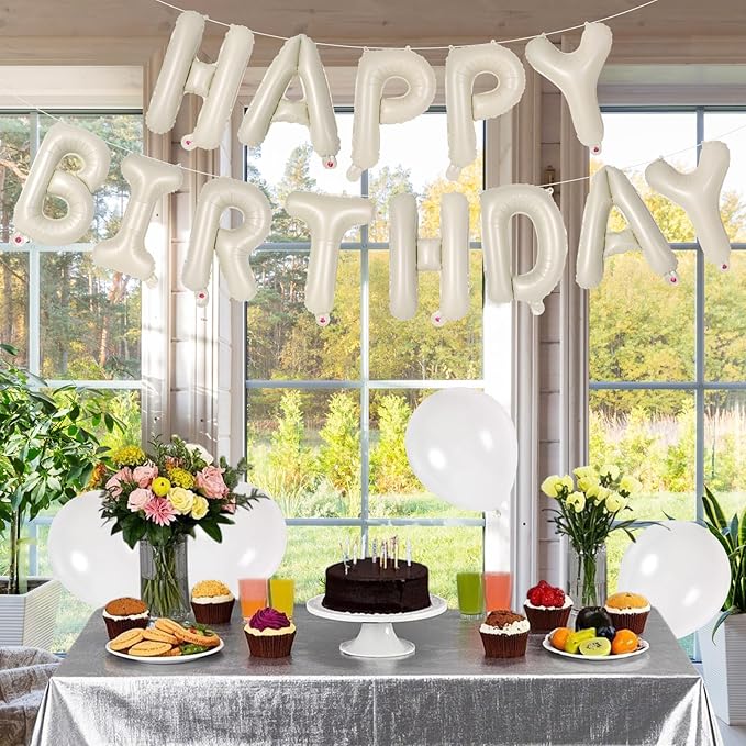 65 Pcs Cream Happy Birthday Balloons and 2 Sets A-Z Letters Foil Balloons, Beige 16 Inch Personalized Name Happy Birthday Banners for Wedding Baby Shower Anniversary Party Decorations (Cream)