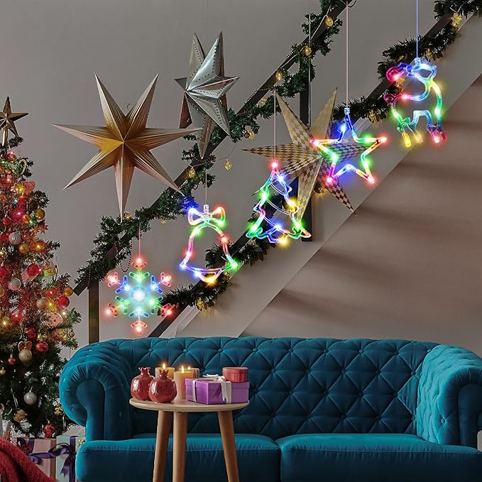 5Pack Christmas Window Lights Decorations with Timer,Battery Powered Christmas Hanging Multicolor Lighted Snowflake Tree Star Deer Bells Shaped LED Sucker for Xmas Fireplace Indoor Decor
