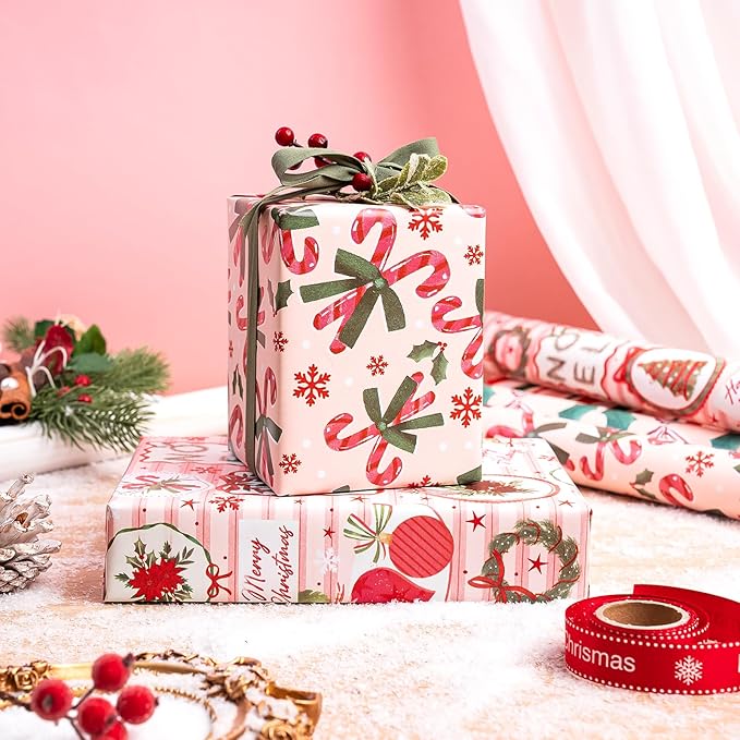 WRAPAHOLIC 30 Inch Christmas Wrapping Paper Roll - Jumbo Roll Red and Green Christmas Decor, Candy Canes, Holly and Bow Wrapping Paper - 4 Rolls - 30 Inch x 120 Inch Per Roll