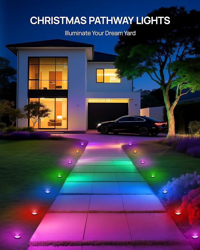 VCOKEN Outdoor Ground Lights, 50FT with Smart 15 LED RGBWW Christmas Pathway Lights with App Control, DIY Scene Modes IP65 Waterproof Walkway Light for Yard, Walkway Driveway Garden Decor