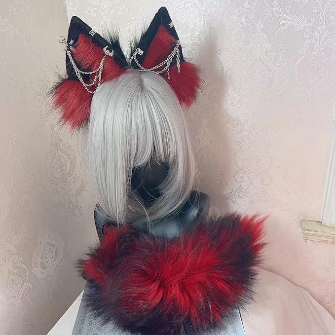 Wolf Ears Tail Set Fox Wolf Headbands Clips Fluffy Cosplay Costumes, Gothic Punk Accessories for Halloween