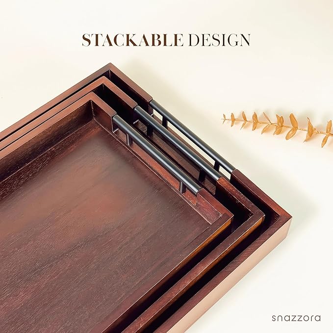 Acacia Wood Serving Tray - Set of 3 with Black Steel Handles 18", 16" & 14" with 6 Coasters - for Coffee Table, Ottoman in Living Room, Breakfast in Bed, Jewelry, Decorative (Vintage Finish)