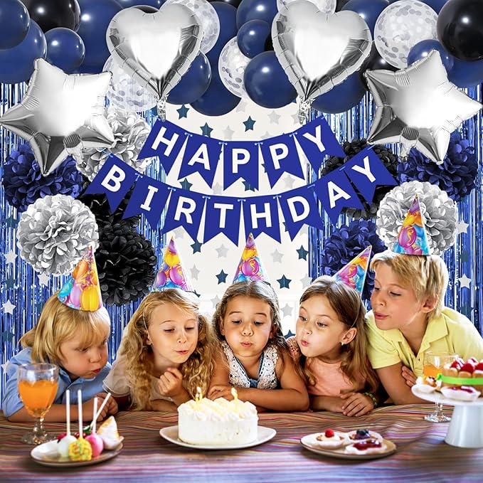 ZERODECO Birthday Party Decorations for Men, Black Navy Blue Silver Happy Birthday Banner Pompoms Balloon Arch Fringe Curtain Party Décor for Men Boys Women Girls Party Decorations Kit