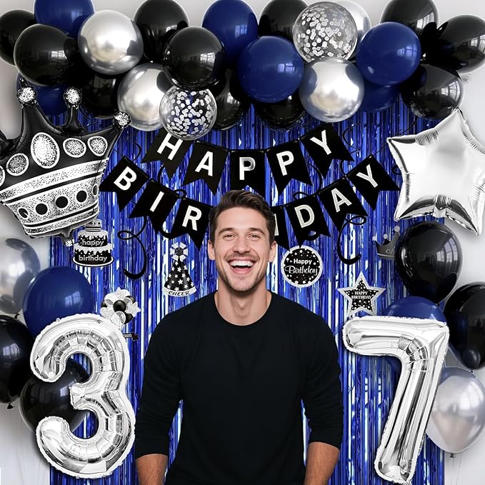 37th Birthday Decorations for Men and Women, Black Blue Silver Happy Birthday Number 37 Balloons, Banner, Fringe Curtains Garland Kit - 37 Year Old Party Supplies