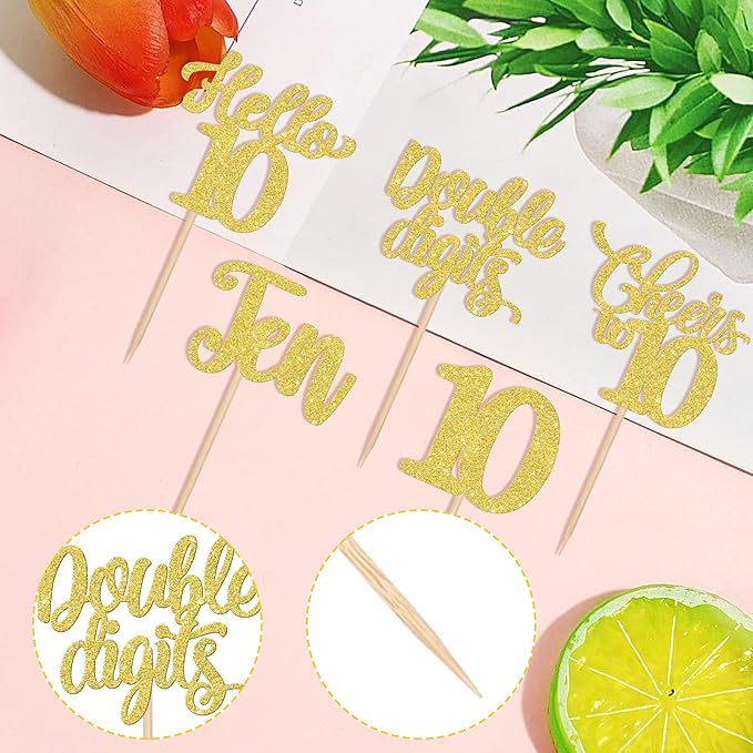 30PCS Happy 10th Birthday Cupcake Toppers Glitter Ten Double Digits Hello 10 Cupcake Picks Cheers to 10 Birthday Decorations for 10th Birthday Anniversary Party Cake Decorations Supplier Gold