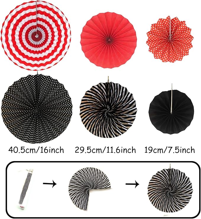 ZERODECO Party Decoration, Hanging Paper Fans Pom Poms Flowers Garlands String Polka Dot and Triangle Bunting Flags Easy to Assemble - Black and Red