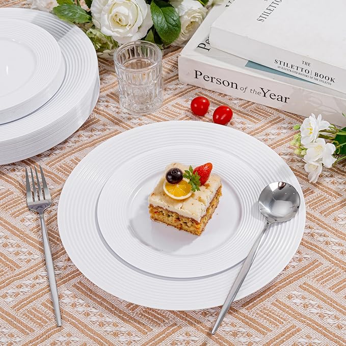FLOWERCAT 100PCS White Plastic Plates - Heavy Duty Plastic Plates Disposable-Straw hat plates for Summer party &Wedding - Serve for 50guests party(10inch & 7inch)(White)
