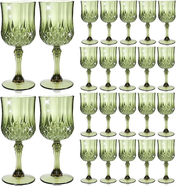 24 Pcs Plastic Green Wine Drinking Glasses, Plastic Water Goblets Green Vintage Reusable Drinkware Vintage Champagne glassware for Wedding Reception Grand Event Party, 7oz