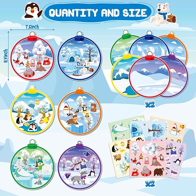 CY2SIDE Polar Animal Stickers Scene - 12 Set Winter Animal Color Sorting Sticker Art Craft for Kids Make A Crystal Ball Scene with Polar Animals DIY Crafts for Kids Holiday Class Party