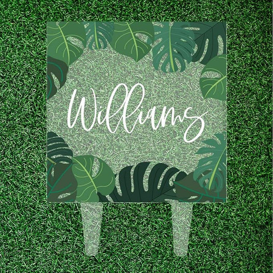 Andaz Press Tropical Greenery Last Name Custom Wedding Cake Topper, Acrylic Square Personalized Couple Cake Topper