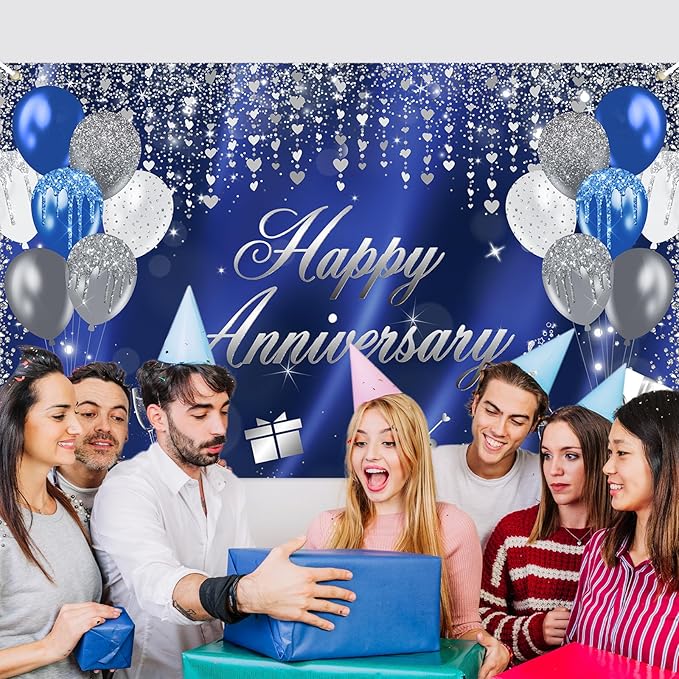 Avezano Happy Anniversary Banner Glitter Happy Anniversary Decorations for Wedding Bridal Shower Party Decorations 70.8 x 43.3 Inch (Blue and Silver)
