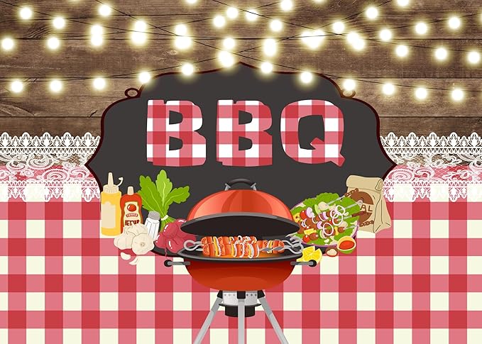 CORFOTO 15x10ft BBQ Family Party Backdrop Brown Wooden Board String Lights Lace Barbecue in The Wild BBQ Theme Party Background Kids Adult Bridal Shower Summer Park Decorations Cake Table Banner