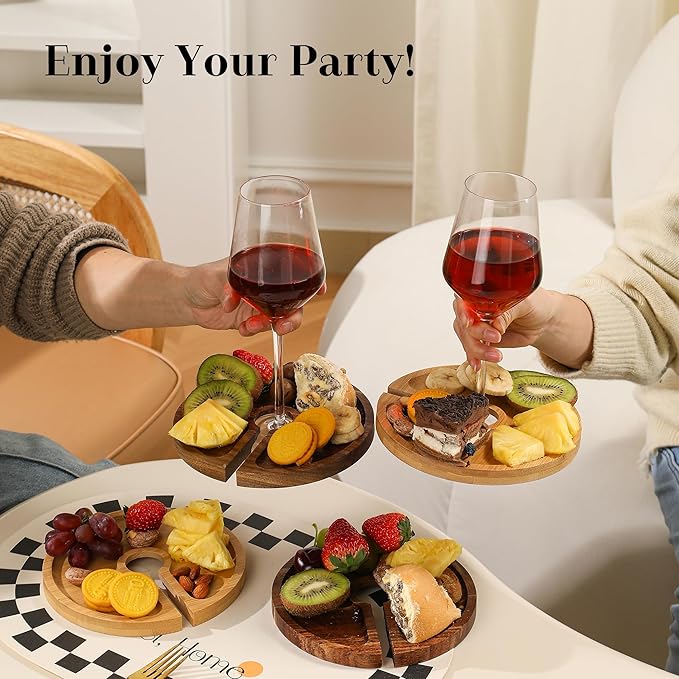 Mini Charcuterie Board with Wine Holder, Wine Glass Charcuterie Topper, Wine Gifts Accessories, Cheese Appetizer Plates for Wine Party Bars Restaurants, 7.1'' Set of 4, Acacia Wood