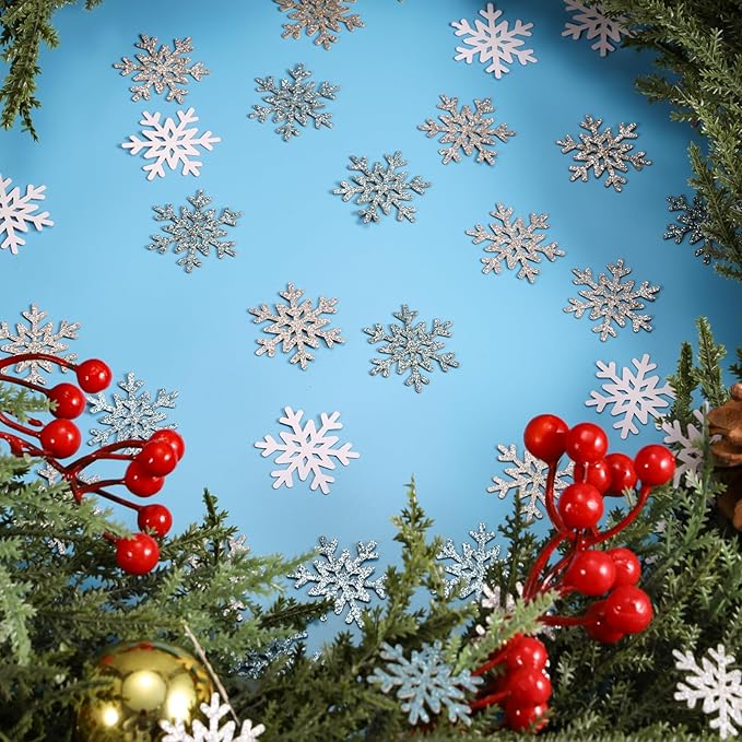 VHUWE Winter Snow Confetti, 200 Pcs Glitter Silver Light Blue White Snowflakes Confetti for Birthday Baby Shower Holiday Party Christmas Table Centerpiece New Years Eve Decorations Supplies - Paper