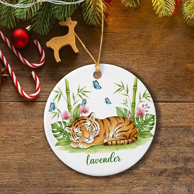 Baby Tiger Ceramic Ornament, Personalized Choose Name Tiger Lover Ornament, Gift for Son Daughter from Dad Mom, Customized Wildlife Ornaments, Tigers Animal Christmas Decoration, Safari Keepsake