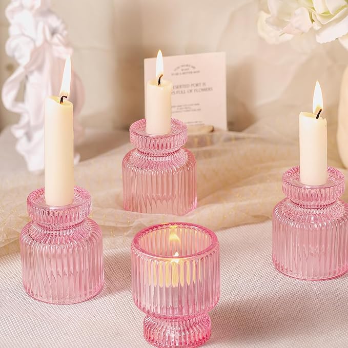 DARJEN 12 Pcs Glass Candlestick Holders- Pink Taper Candlestick Holders Tealight Votive Candle Holders for Table Centerpieces, Wedding, Dinner Party, Home Decor